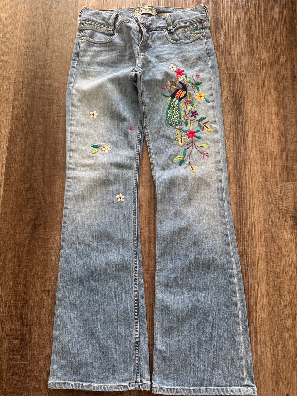 Allen B Light Wash Jeans with Multicolor Floral & Peacock Embroidery